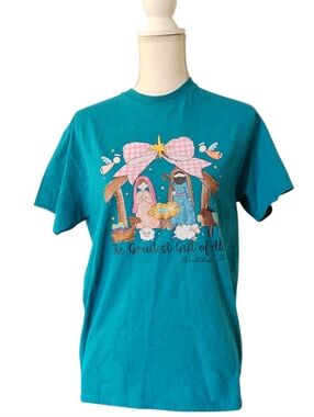 Teal Womens Graphic T-Shirt Gildan Jesus True Story Matthew Size Medium